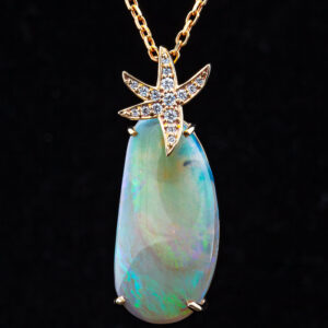 Free Form Australian Semi-Black Crystal Opal and Sea Star Necklace in Yellow Gold by World Treasure Designs