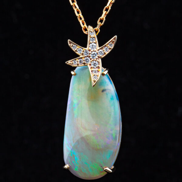 Free Form Australian Semi-Black Crystal Opal and Sea Star Necklace in Yellow Gold by World Treasure Designs