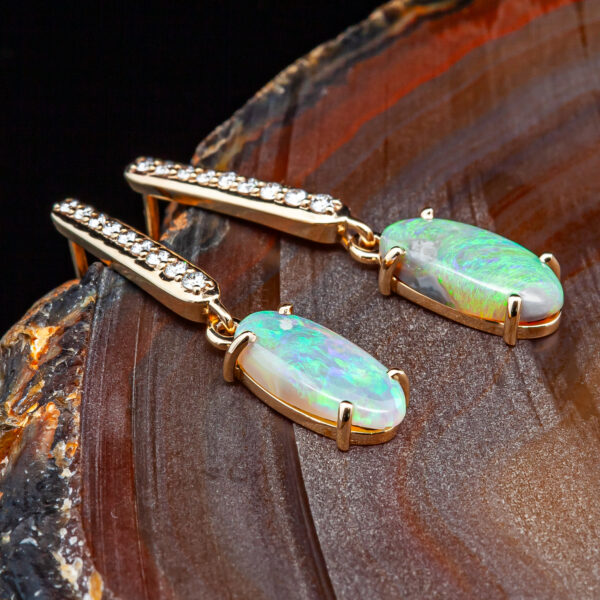 Green-Blue Australian Black Crystal Opal Earrings in Yellow Gold by World Treasure Designs