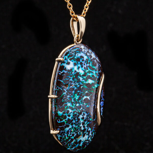 Green-Blue-Purple Australian Boulder Opal Necklace in Yellow Gold by World Treasure Designs