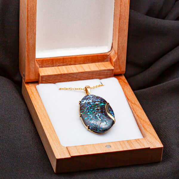 Multicoloured Australian Boulder Opal Necklace with Yellow Gold Accent Curve by World Treasure Designs