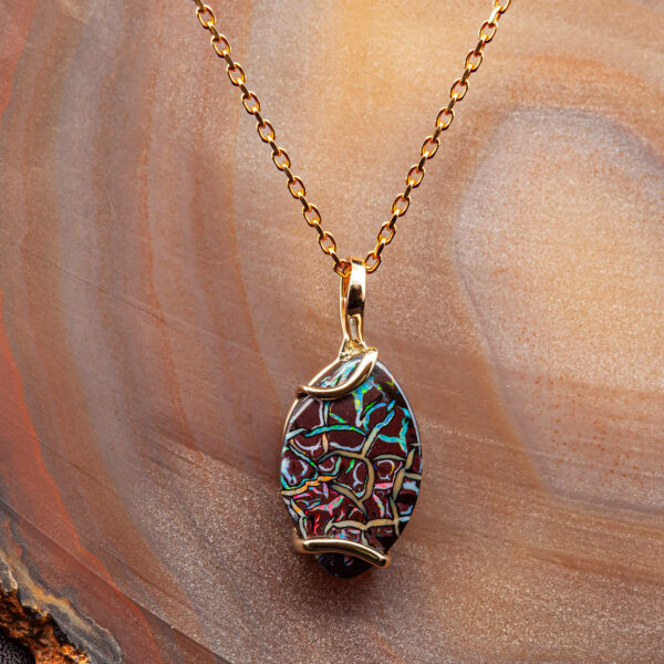 Multicoloured Australian Boulder Opal Necklace with Yellow Gold Accents by World Treasure Designs