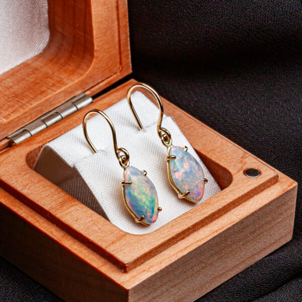 Multicoloured Australian Crystal Opal Earrings in Yellow Gold by World Treasure Designs