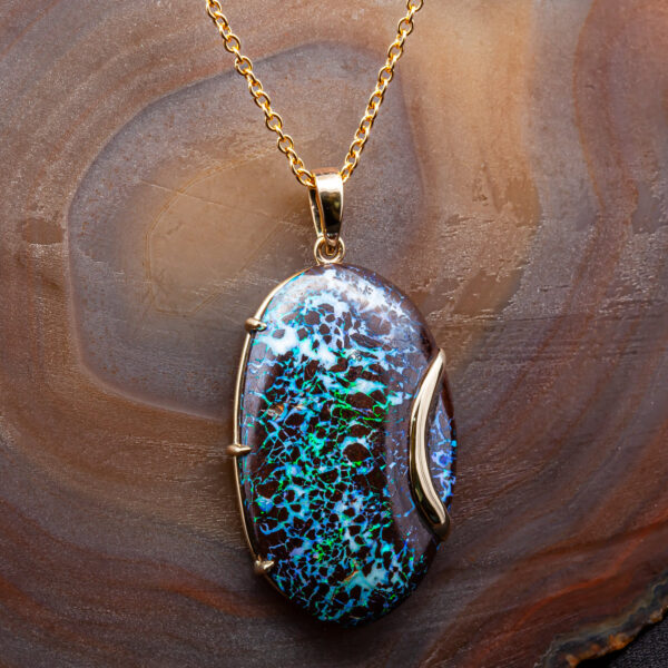 Multicoloured Australian Yowah Boulder Opal Necklace in Yellow Gold by World Treasure Designs