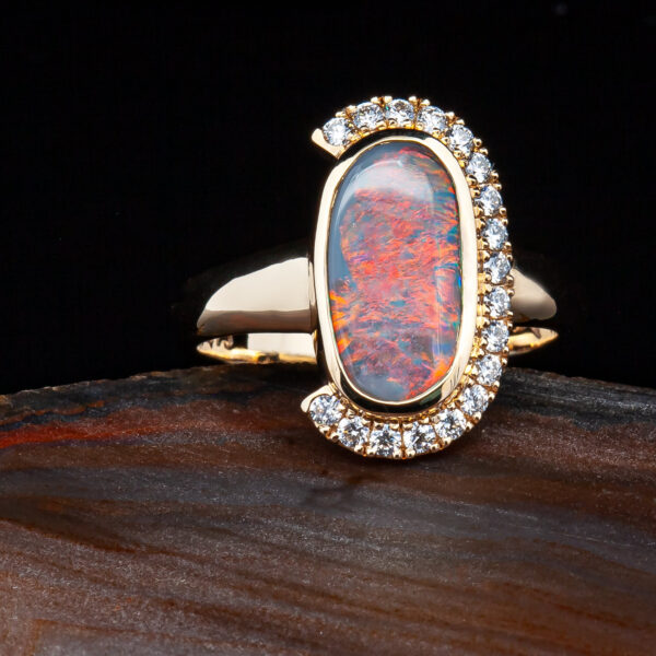 Partial Diamond Halo on Australian Semi-Black Opal Ring in Yellow Gold by World Treasure Designs