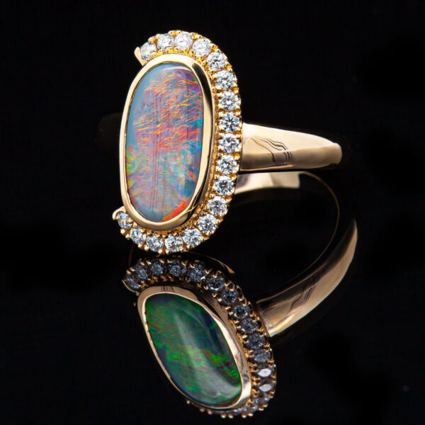 Pink Australian Semi-Black Opal Ring with Partial Diamond Halo in Yellow Gold by World Treasure Designs