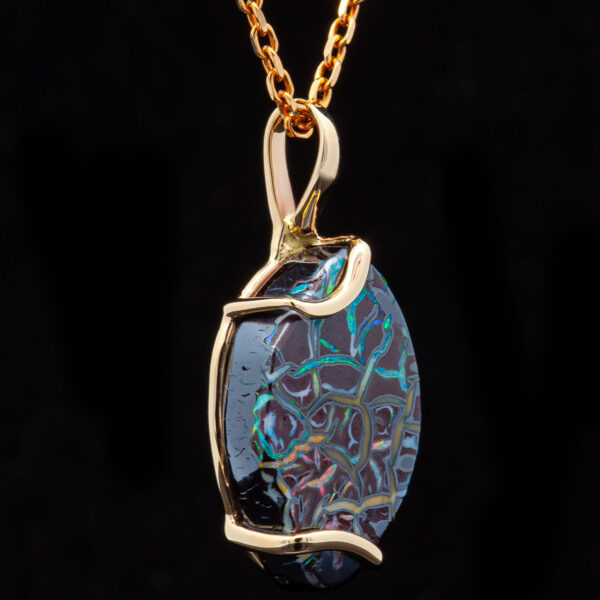 Rainbow Australian Boulder Opal Necklace in Yellow Gold by World Treasure Designs