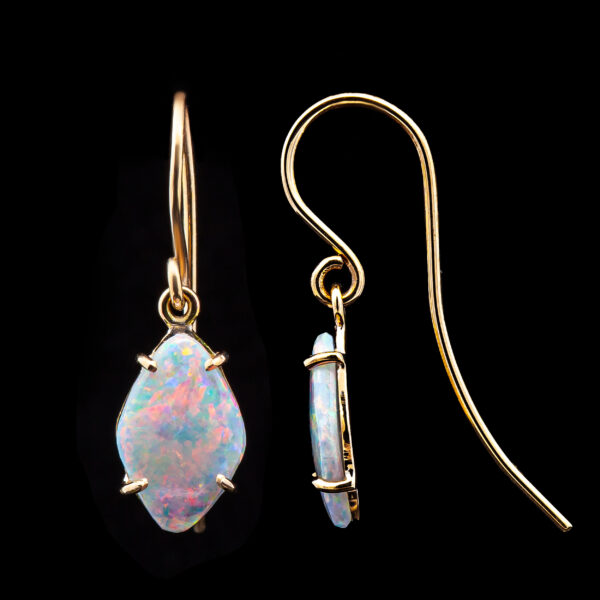 Rainbow Australian Crystal Opal Earrings in Yellow Gold by World Treasure Designs