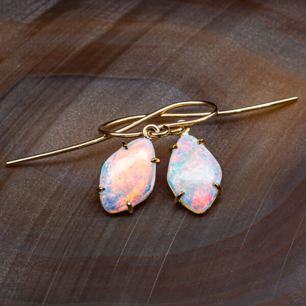 Fire Australian Crystal Opal Earrings in Yellow Gold by World Treasure Designs