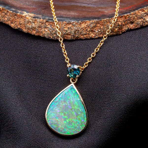 Australian Blue Sapphire and Australian Crystal Opal Necklace in Yellow Gold by World Treasure Designs