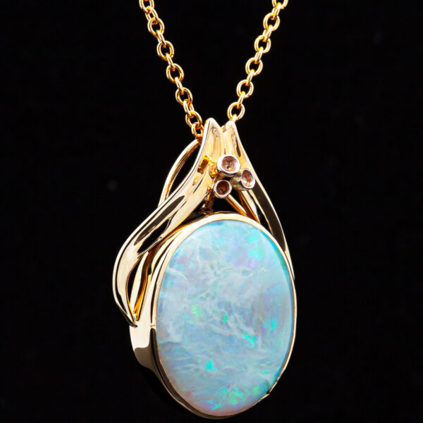 Australian Crystal Opal Necklace with Gum Nuts from Eucalyptus Tree in Yellow Gold by World Treasure Designs