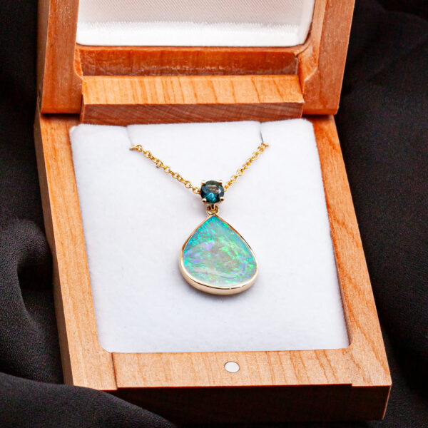 Australian Crystal Opal and Blue Sapphire Necklace in Yellow Gold by World Treasure Designs