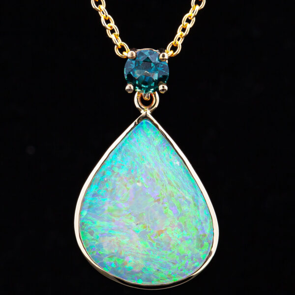 Australian Crystal Opal and Sapphire Necklace in Yellow Gold by World Treasure Designs