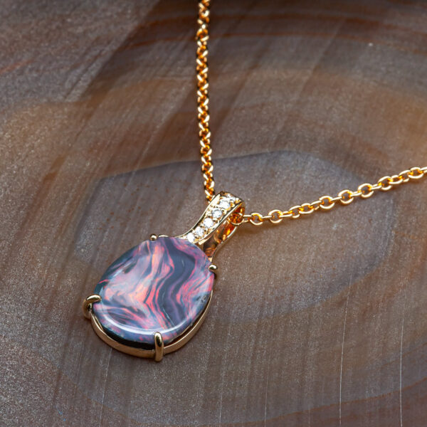 Diamond and Pink-Purple Australian Semi-Black Opal Necklace in Yellow Gold by World Treasure Designs