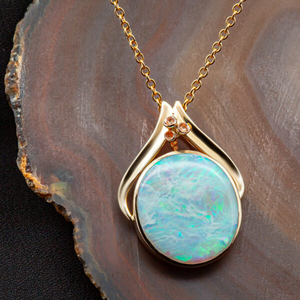 Eucalyptus Gum Nuts with Australian Crystal Opal Necklace in Yellow Gold by World Treasure Designs