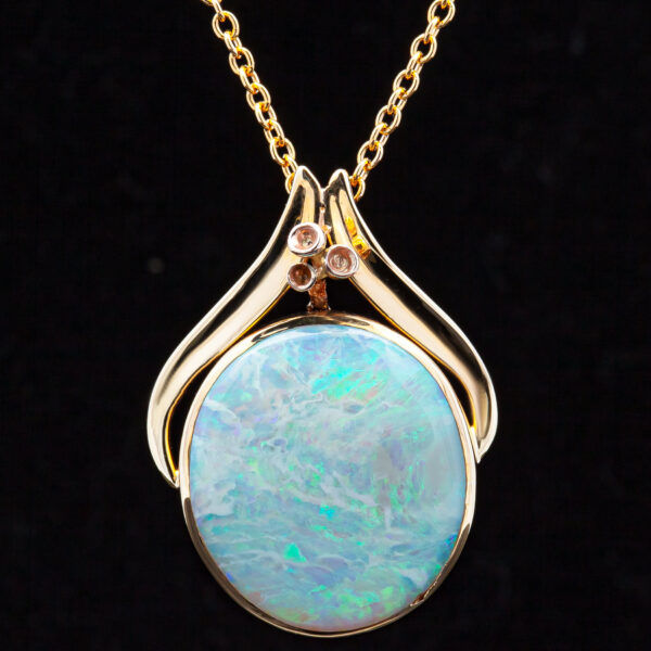 Oval Australian Crystal Opal Necklace in Yellow Gold by World Treasure Designs