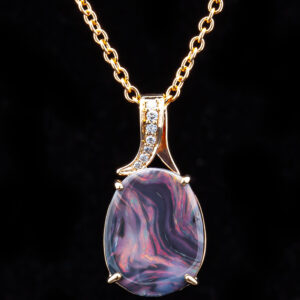 Pink-Purple Australian Semi-Black Opal Necklace with Diamonds in Yellow Gold by World Treasure Designs