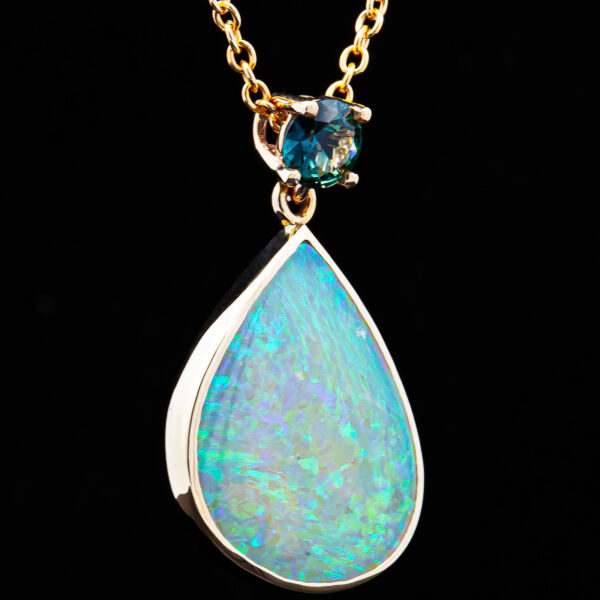 Tear Drop Australian Crystal Opal and Blue Sapphire Necklace in Yellow Gold by World Treasure Designs