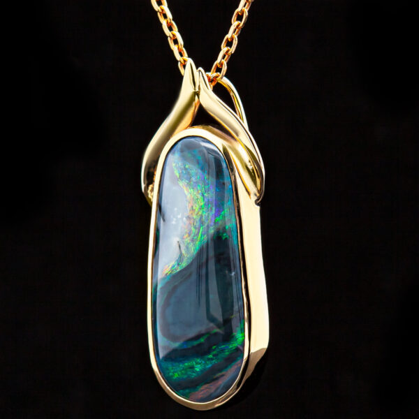 Australian Semi Black Opal Necklace in Yellow Gold by World Treasure Designs