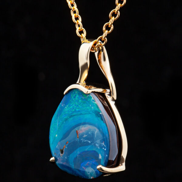 Blue Australian Boulder Yowah Opal Necklace in Yellow Gold by World Treasure Designs