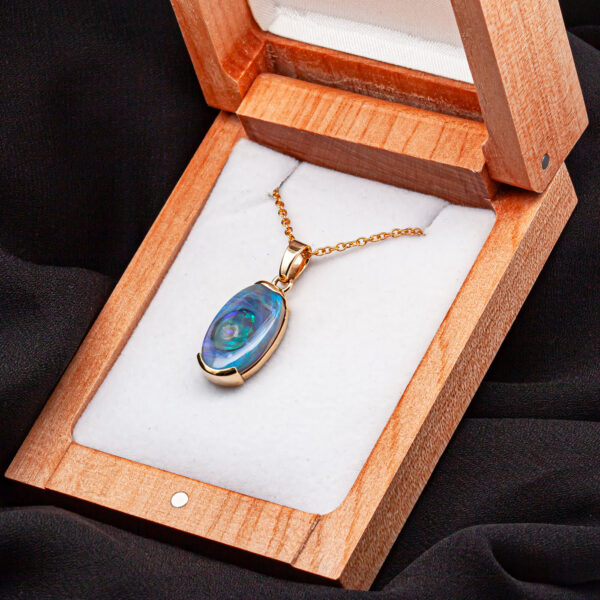 Blue Australian Oval Black Opal Necklace in Yellow Gold by World Treasure Designs