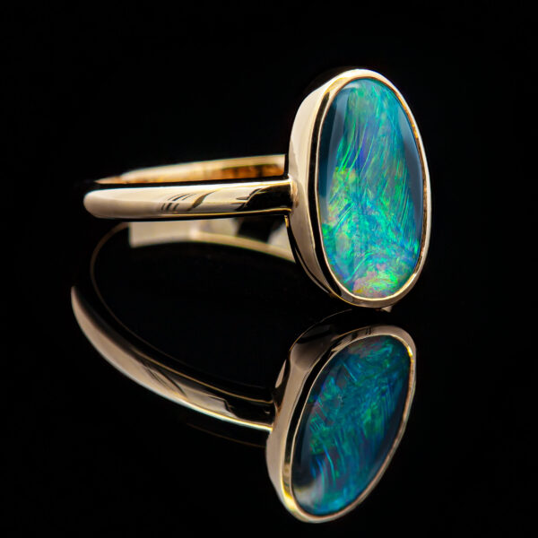 Blue-Green Australian Semi-Black Opal-Ring in Yellow Gold by World Treasure Designs