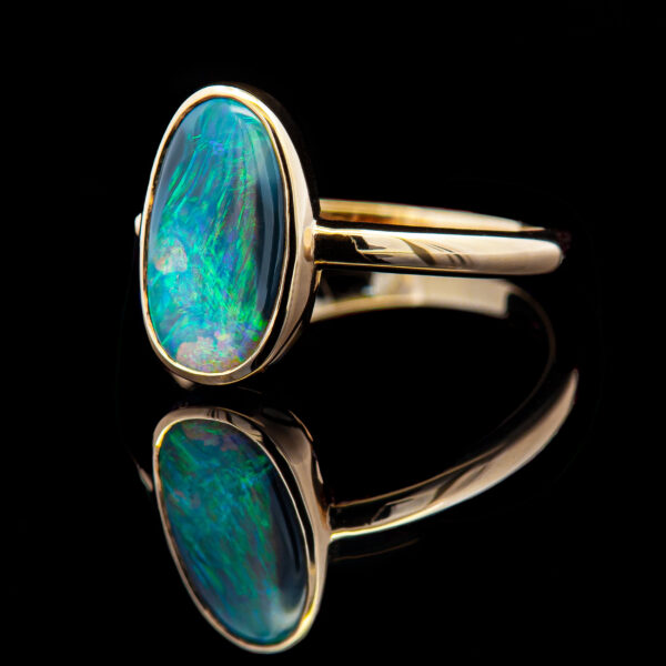 Green-Blue Australian Semi-Black Opal Ring in Yellow Gold by World Treasure Designs