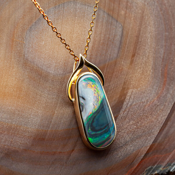 Oval Australian Semi-Black Opal Necklace in Yellow Gold by World Treasure Designs