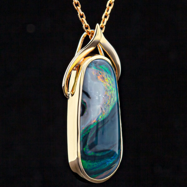 Swirled Australian Semi Black Opal Necklace in Yellow Gold by World Treasure Designs