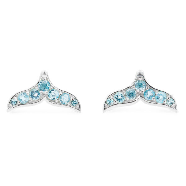 Angel of the Sea Whale Tail Stud Earrings with Blue Topaz in Sterling Silver by World Treasure Designs