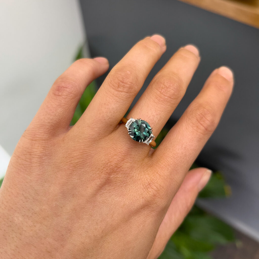 2-Tone Baguette Diamond And Australian Teal Parti Sapphire Ring By World Treasure Designs