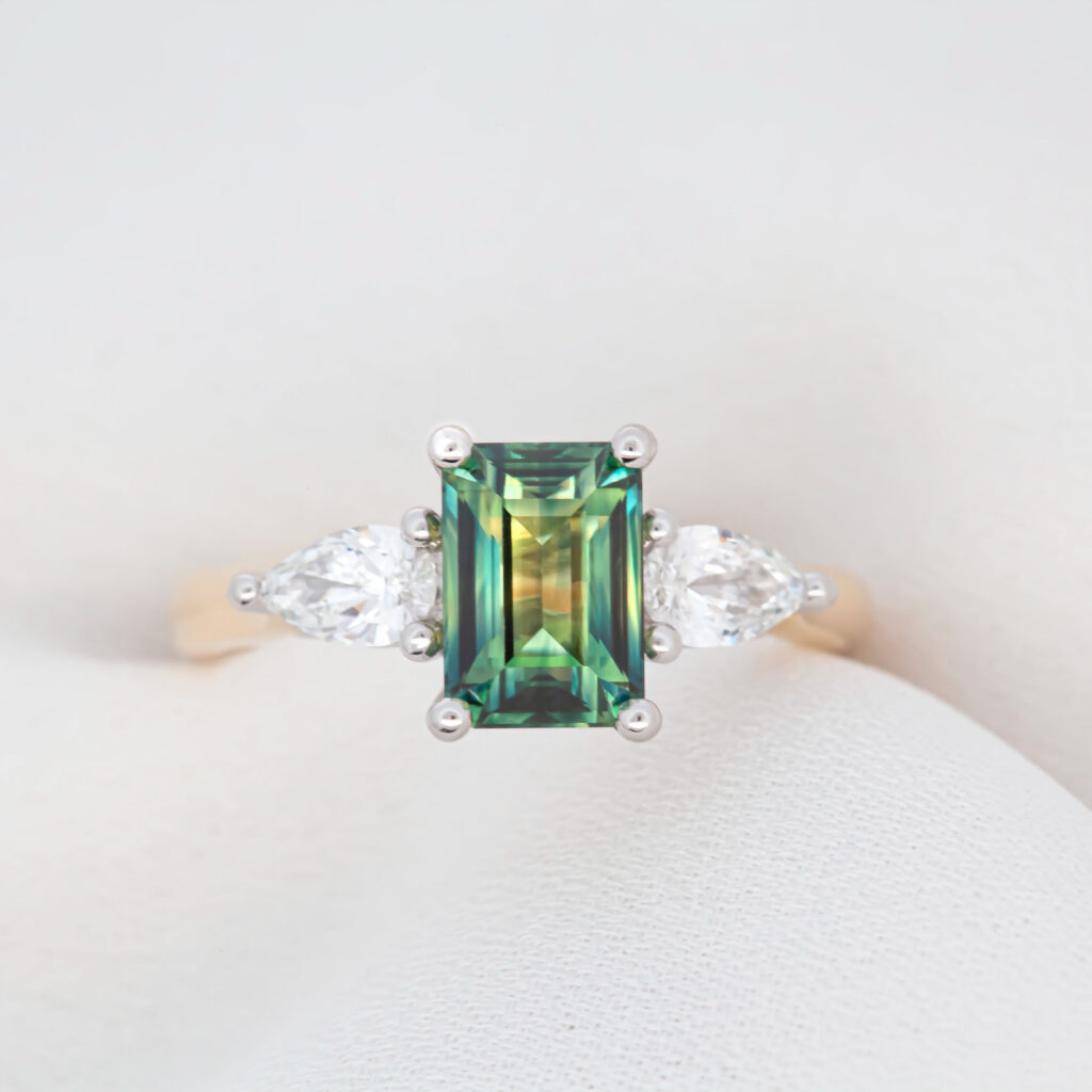 2-Tone Pear Shaped Diamond and Australian Emerald Cut Sapphire Ring By World Treasure Designs