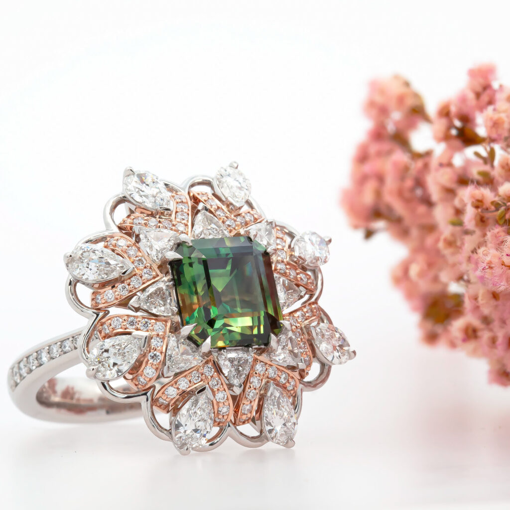 Platinum And Rose Gold Diamond and Australian Green Parti Sapphire Ring By World Treasure Designs