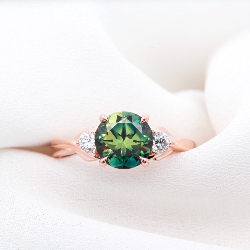 Rose Gold Australian Green Parti Sapphire And Diamond Engagement Ring By World Treasure