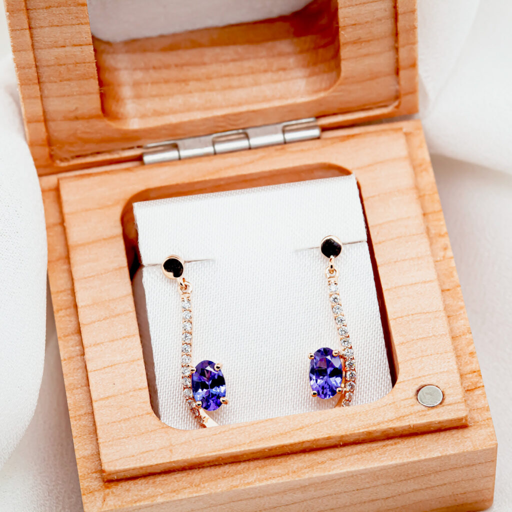 Rose Gold Stud Drop Diamond And Tanzanite Earrings By World Treasure Designs