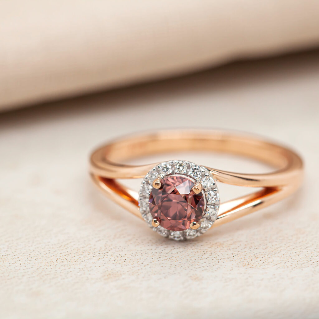 Rose Gold Diamond Halo Ring With Australian Pink Zircon By World Treasure Designs