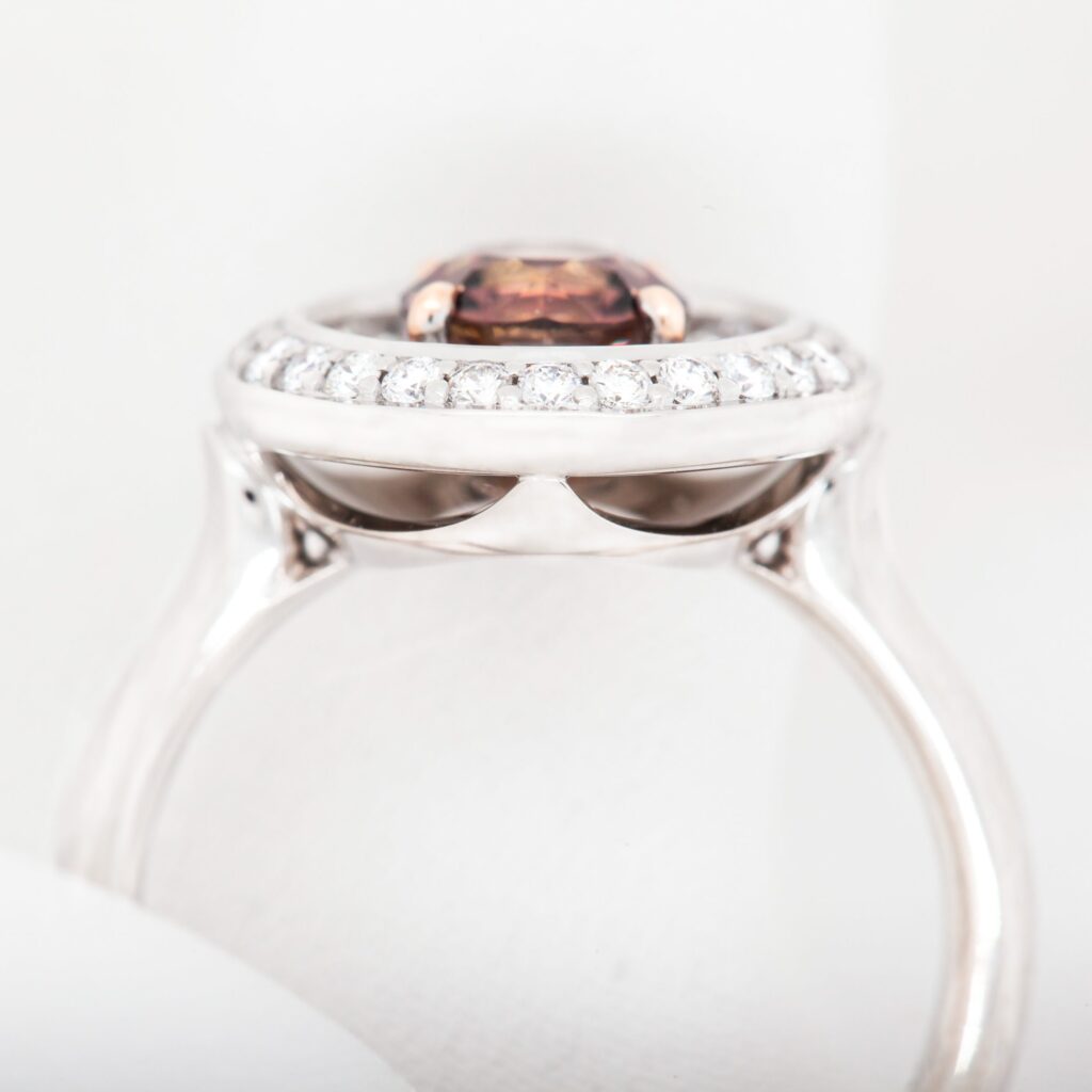 White Gold Australian Pink/Orange Sapphire and Diamond Halo Ring By World Treasure Designs