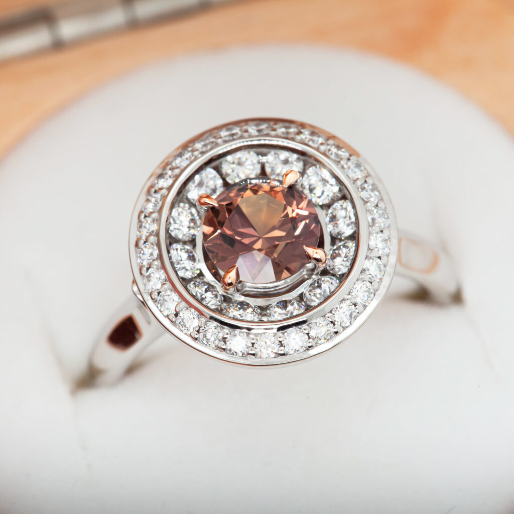 White Gold Australian Pink/Orange Sapphire and Diamond Halo Ring By World Treasure Designs