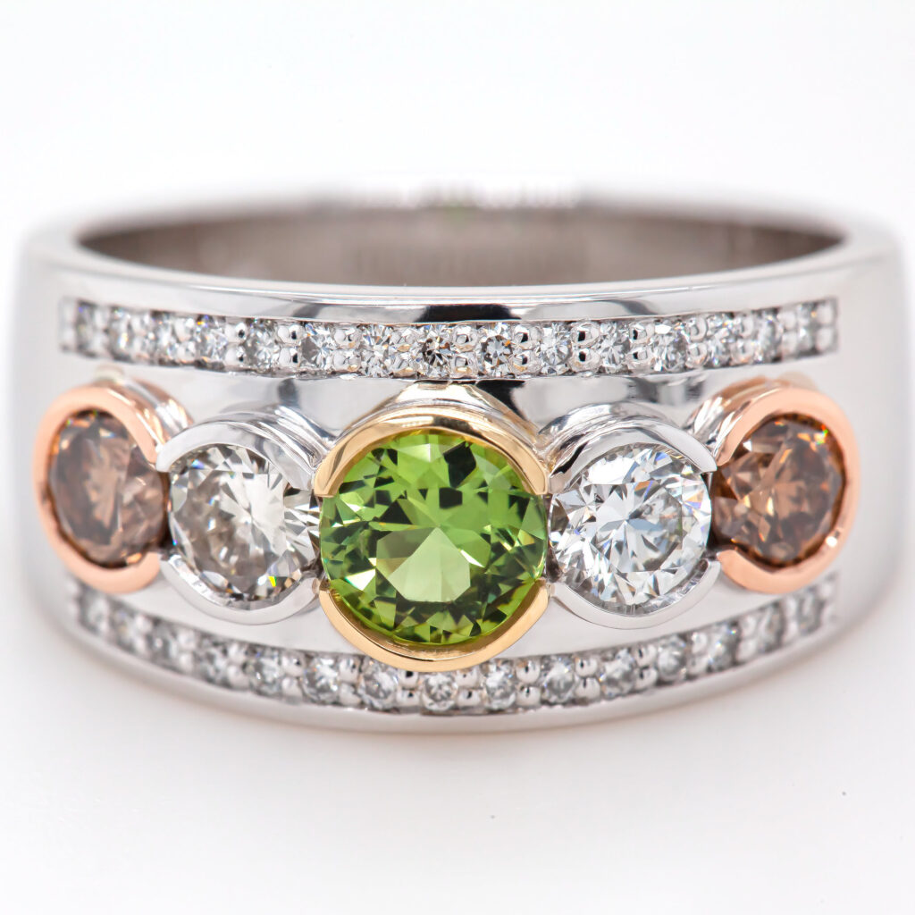 White Gold Wide Band Dress Ring With Multi Coloured Stones And White Diamonds By World Treasure Designs