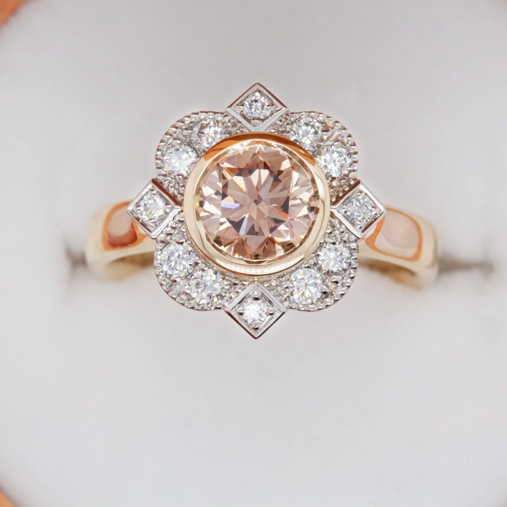 2-Tone Flower Halo Ring With White And Champagne Diamonds By World Treasure Designs