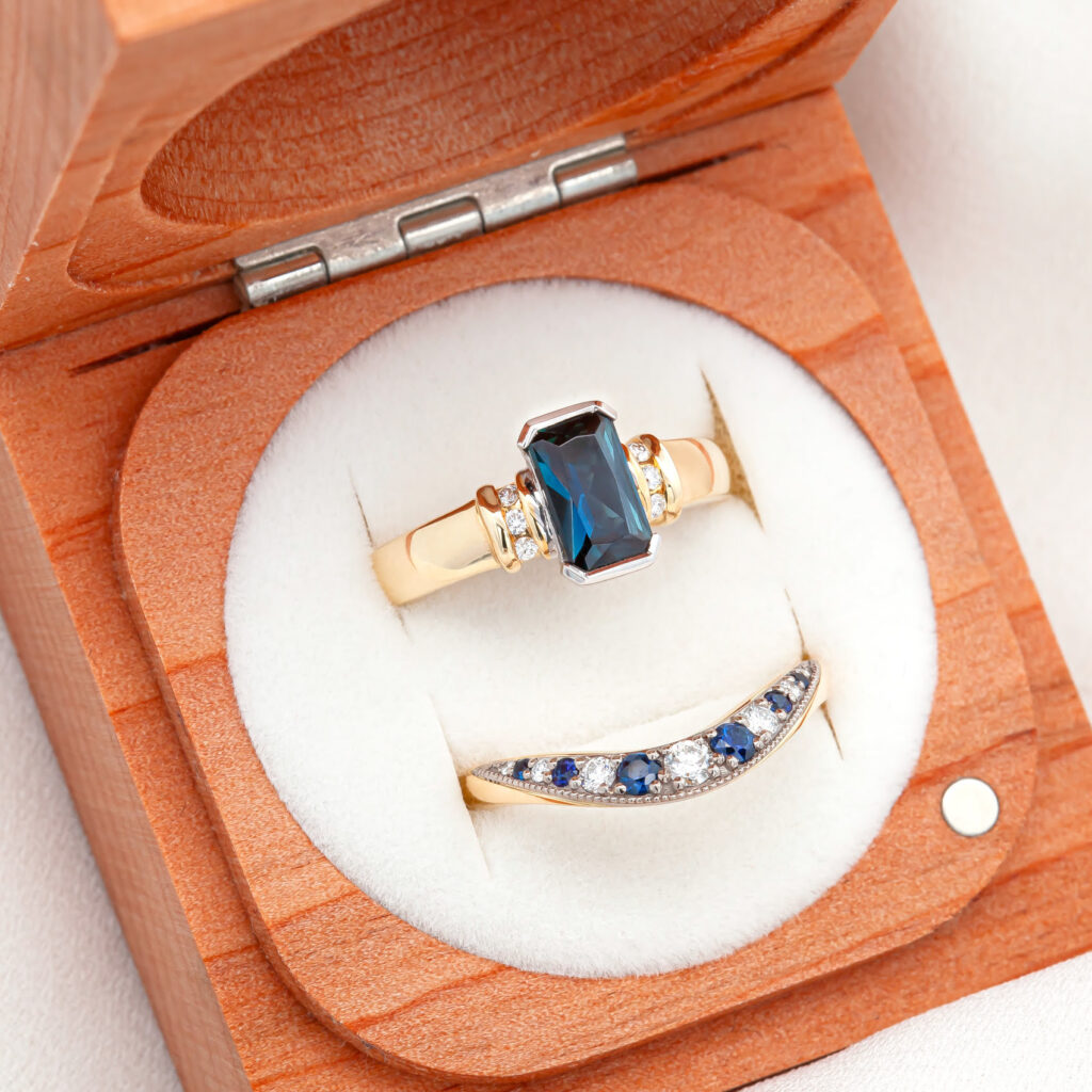 2-Tone Engagement And Wedding Band Set With White Diamonds and Australian Blue Sapphires By World Treasure Designs