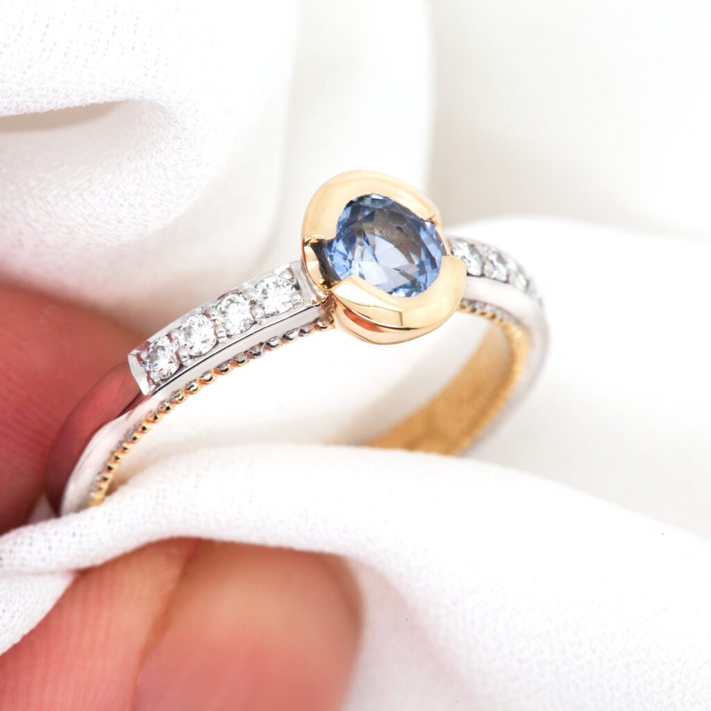 Yellow And White Gold Inlay Ring With Blue Sapphire And Diamond Dress Ring By World Treasure Designs