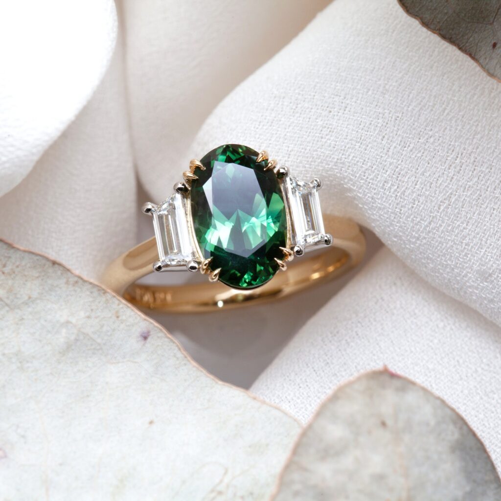 Yellow And White Gold Australian Green Parti Sapphire And Diamond Ring By World Treasure Designs