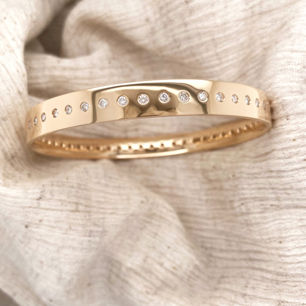 Round Yellow Gold Bangle Set With Round White Diamonds By World Treasure Designs