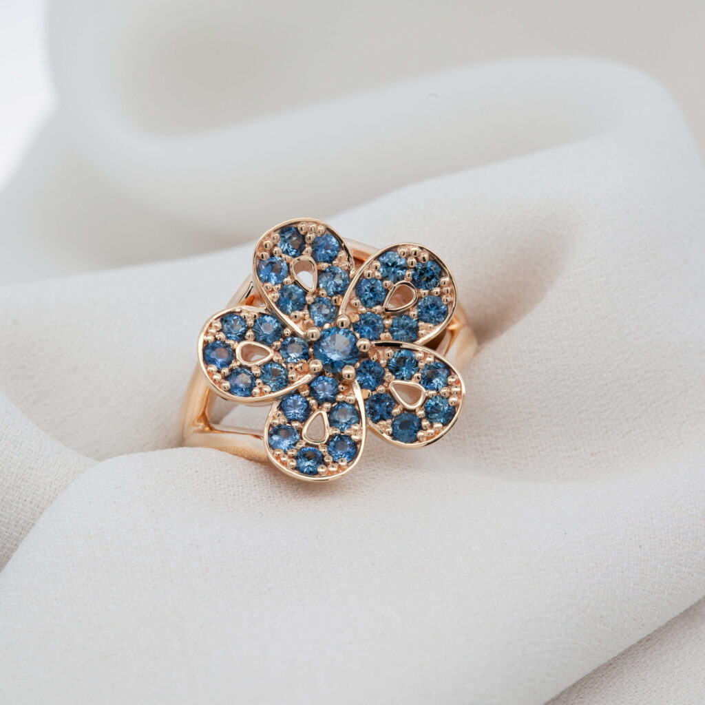 Yellow Gold Flower Ring With Australian Round Cut Blue Sapphires By World Treasure Designs