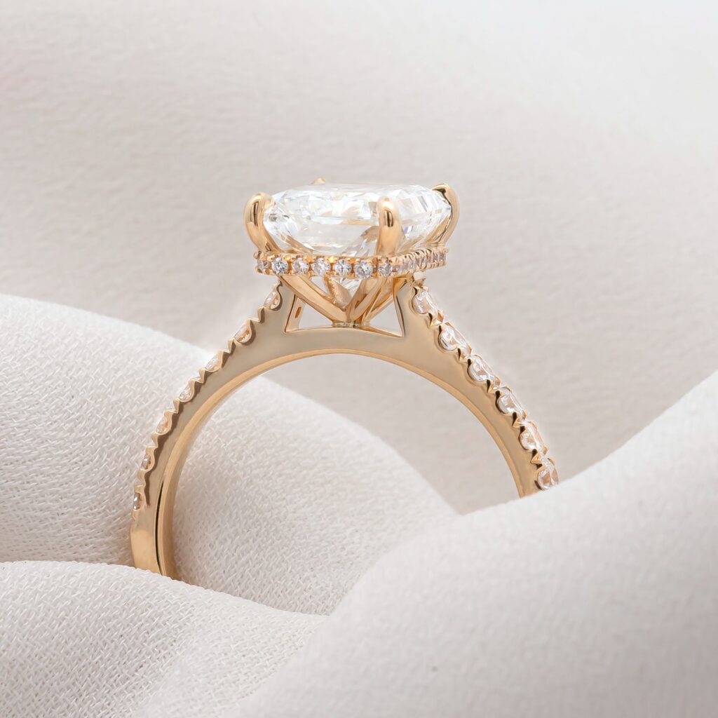 Yellow Gold Radiant Cut Diamond Ring With Hidden Diamond Halo By World Treasure Designs