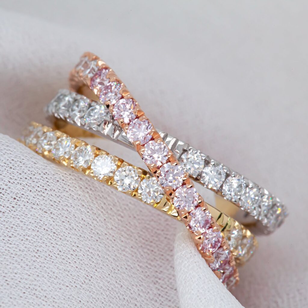 Tri-Tone Gold White & Pink Diamond Twist Band Ring By World Treasure Designs