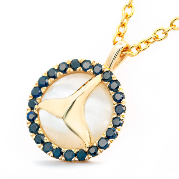 Humpback Whale Tail Necklace with Sapphire Halo and Mother of Pearl in Yellow Gold by World Treasure Designs