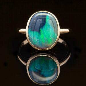 Aqua-Green Australian Semi-Black Opal Ring Bezel Set in 9ct Yellow Gold by World Treasure Designs