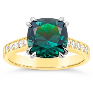 Australian Cushion Cut Teal Parti Sapphire Ring with Diamonds in Platinum and Yellow Gold by World Treasure Designs